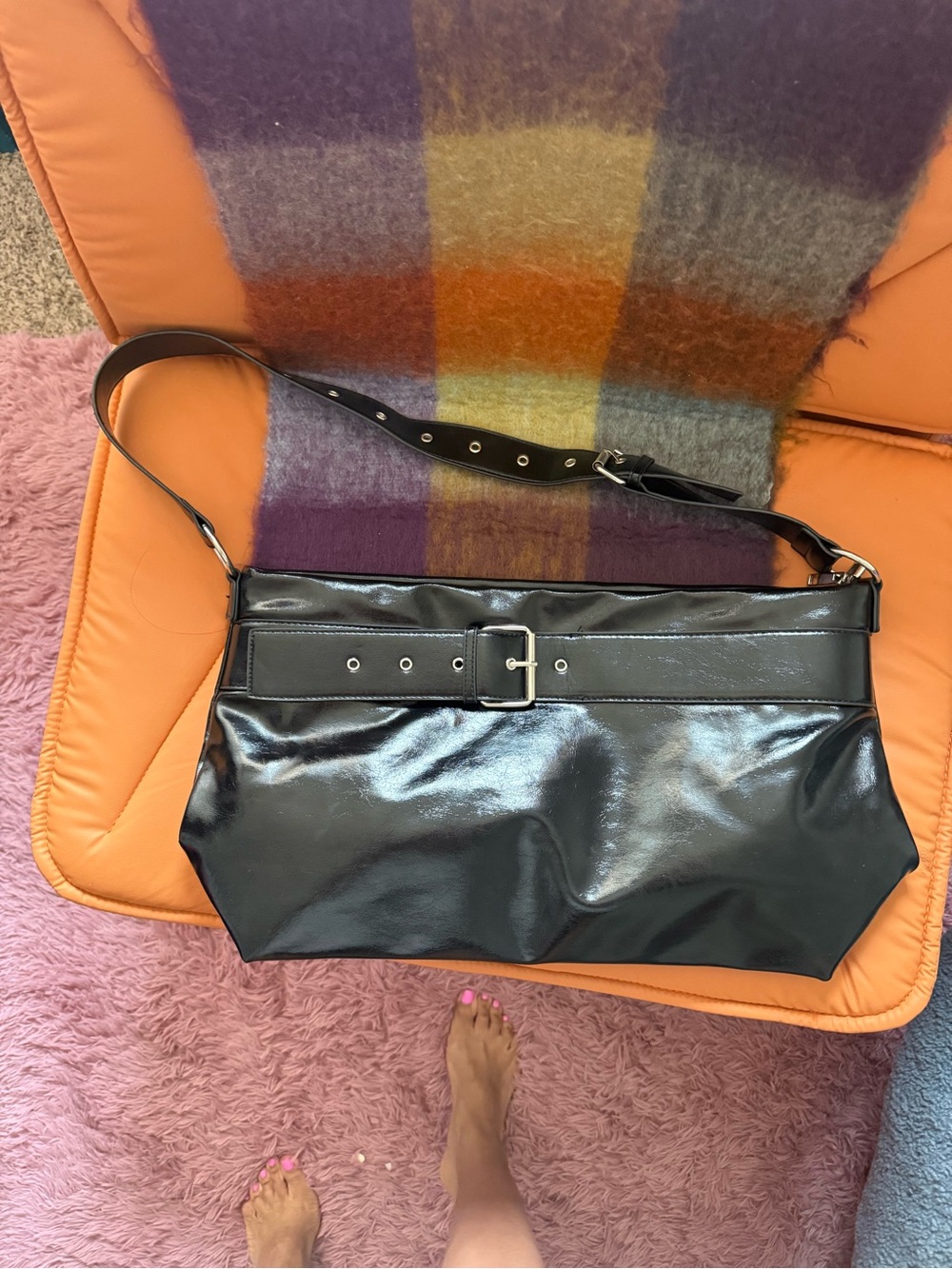 Black Patent Shoulder Bag with Buckle Detail